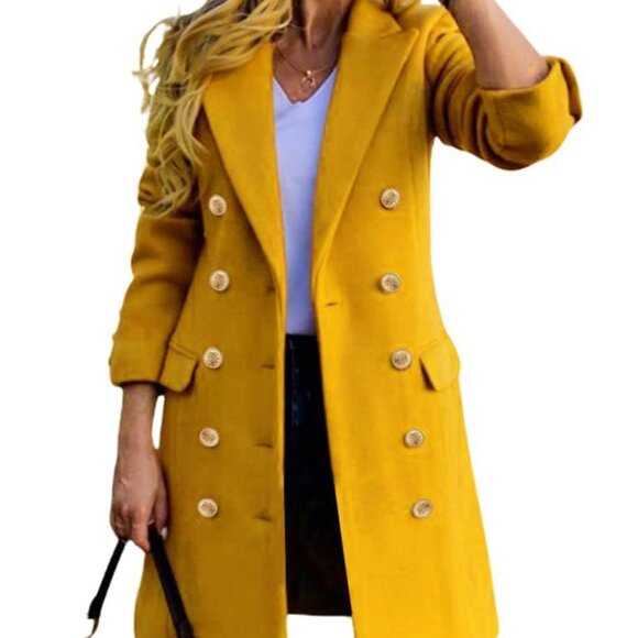 Wool Blend Double Breasted Peacoat Classic Trench Coat Midi Length
